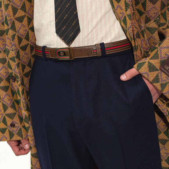 NEW GUCCI Men's Brown Leather WEB Stripe Gold GG Logo Buckle Belt Size 115 - Picture 5 of 12